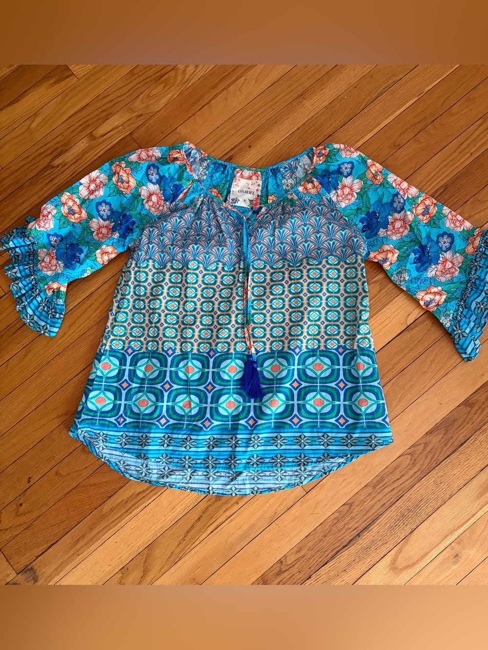 Lulalife Medium Boho Blue Floral & Geo Print Tunic Top. 100% Cotton! Multicolor